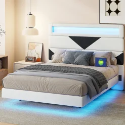 Fortuna lai Lit 160x200 cm,avec port de chargement USB et éclairage LED,Cadre de lit, lit flottant avec Tête de lit triangle,Lit adulte,Blanc