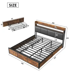 Generique Lit 160x200 cuir PU noir, cadre métal, LED, tête de lit avec rangement, tiroirs, design moderne pour enfants/ados