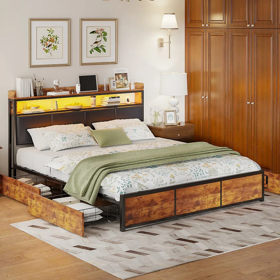 Generique Lit 160x200 cuir PU noir, cadre métal, LED, tête de lit avec rangement, tiroirs, design moderne pour enfants/ados