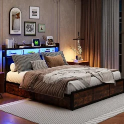 Generique Lit 160x200 cuir PU noir, cadre métal, LED, tête de lit avec rangement, tiroirs, design moderne pour enfants/ados