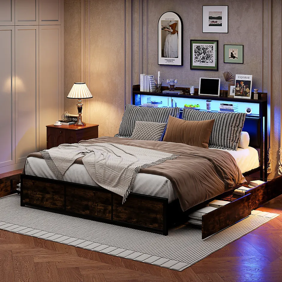 Generique Lit 160x200 cuir PU noir, cadre métal, LED, tête de lit avec rangement, tiroirs, design moderne pour enfants/ados