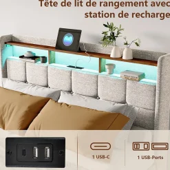 Simple Life Lit 180x200 Sommier LED Et 2 USB, Type-c, Lit Capitonné Lit Double Avec 4 Tiroirs, Lin, Beige