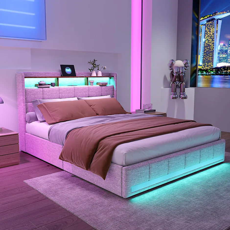 Simple Life Lit 180x200 Sommier LED Et 2 USB, Type-c, Lit Capitonné Lit Double Avec 4 Tiroirs, Lin, Beige