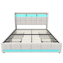Simple Life Lit 180x200 Sommier LED Et 2 USB, Type-c, Lit Capitonné Lit Double Avec 4 Tiroirs, Lin, Beige