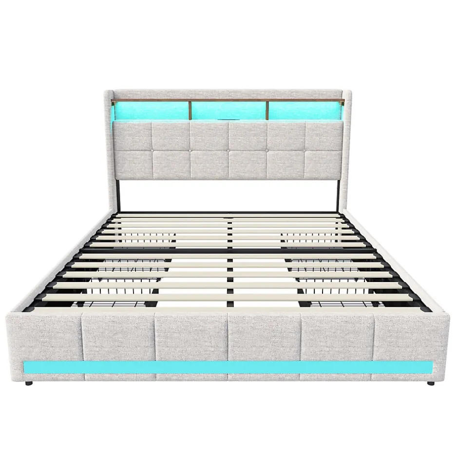 Simple Life Lit 180x200 Sommier LED Et 2 USB, Type-c, Lit Capitonné Lit Double Avec 4 Tiroirs, Lin, Beige