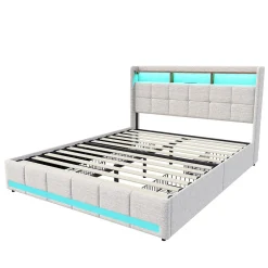 Simple Life Lit 180x200 Sommier LED Et 2 USB, Type-c, Lit Capitonné Lit Double Avec 4 Tiroirs, Lin, Beige
