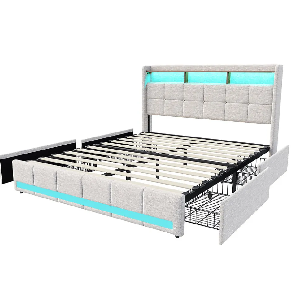 Simple Life Lit 180x200 Sommier LED Et 2 USB, Type-c, Lit Capitonné Lit Double Avec 4 Tiroirs, Lin, Beige