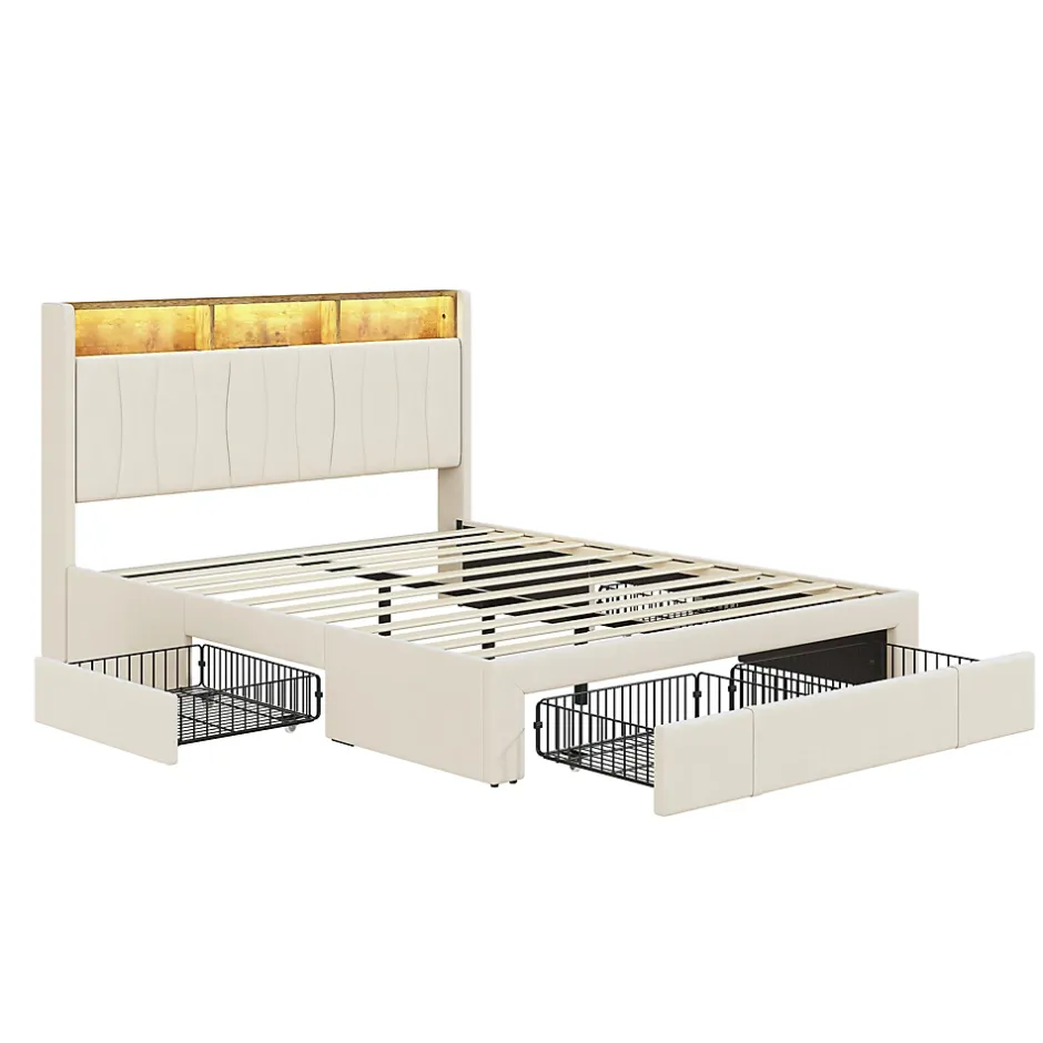 Simple Life Lit 160x200 Sommier LED et USB, Type-C,Lit Capitonné Lit Double avec 4 Tiroirs,Velours, Beige Sale