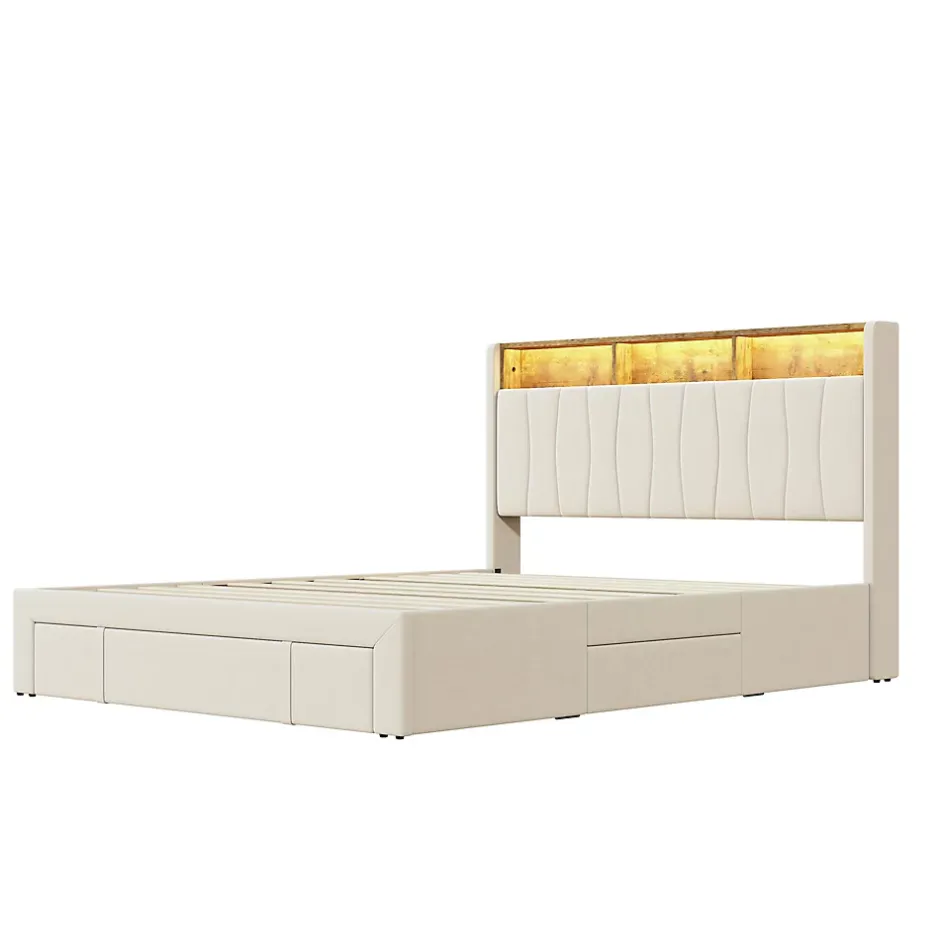Simple Life Lit 160x200 Sommier LED et USB, Type-C,Lit Capitonné Lit Double avec 4 Tiroirs,Velours, Beige Sale