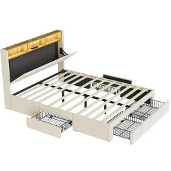Simple Life Lit 160x200 Sommier LED et USB, Type-C,Lit Capitonné Lit Double avec 4 Tiroirs,Velours, Beige Sale