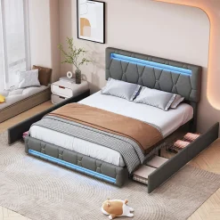 Generique Lit 140x200cm avec 4 tiroirs + LED + sommier à lattes - lin - Gris