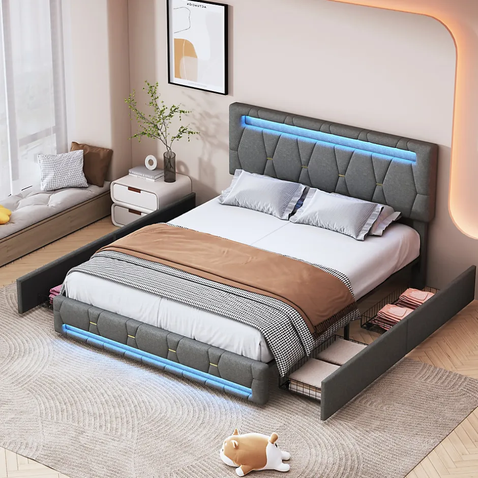 Generique Lit 140x200cm avec 4 tiroirs + LED + sommier à lattes - lin - Gris