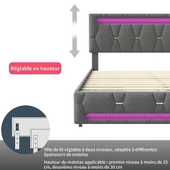 Generique Lit 140x200cm avec 4 tiroirs + LED + sommier à lattes - lin - Gris