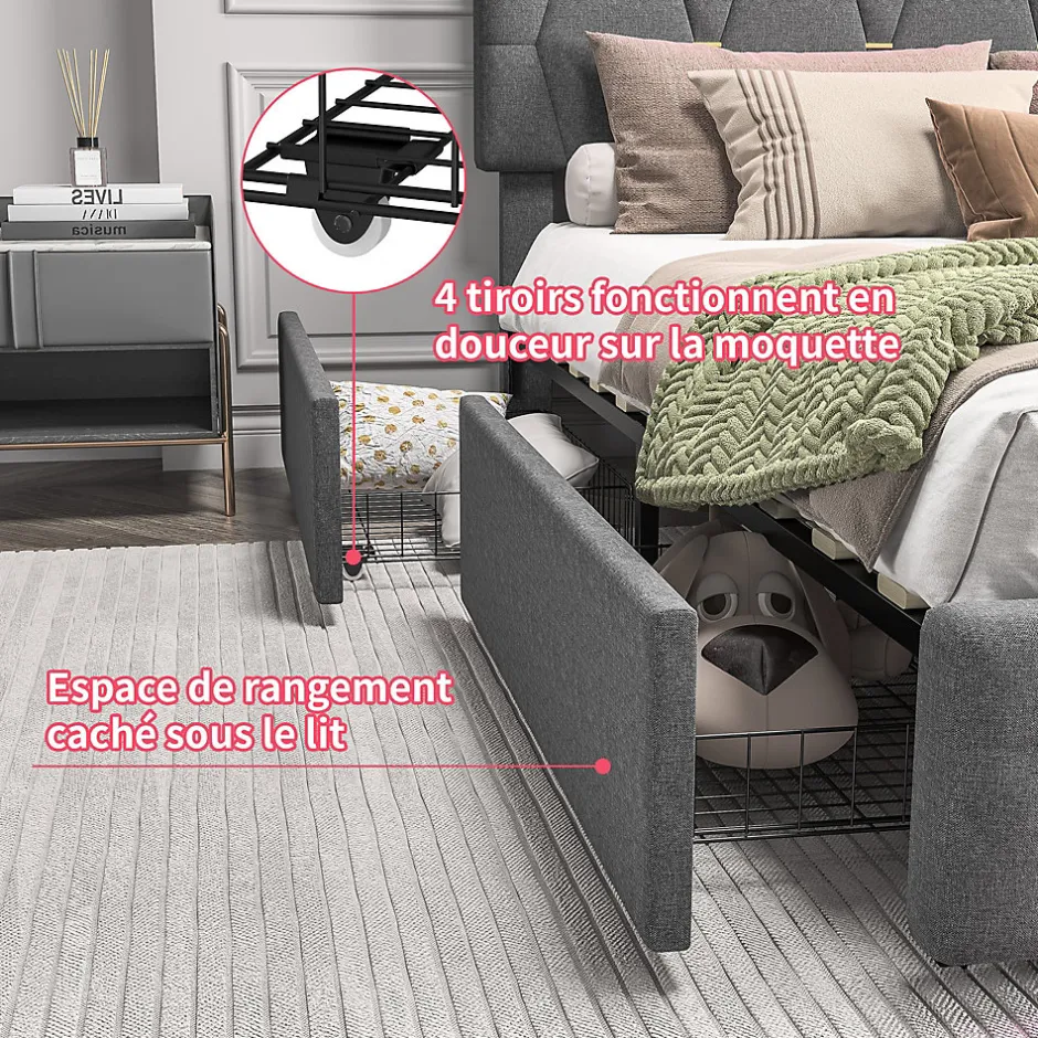 Generique Lit 140x200cm avec 4 tiroirs + LED + sommier à lattes - lin - Gris