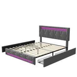 Generique Lit 140x200cm avec 4 tiroirs + LED + sommier à lattes - lin - Gris