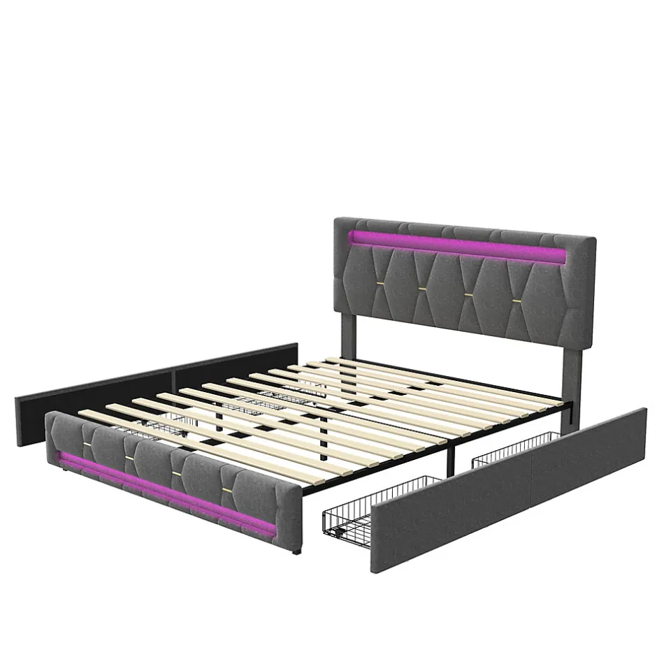 Generique Lit 140x200cm avec 4 tiroirs + LED + sommier à lattes - lin - Gris