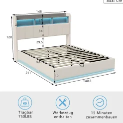 Simple Life lit 140x200cm avec éclairage LED, Lit Coffre avec Sommier à Lattes, Prises, USB et Type-C, Velours Discount