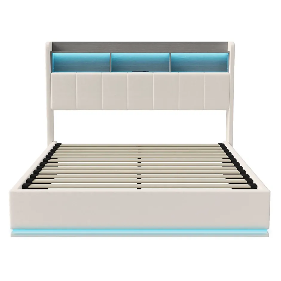 Simple Life lit 140x200cm avec éclairage LED, Lit Coffre avec Sommier à Lattes, Prises, USB et Type-C, Velours Discount