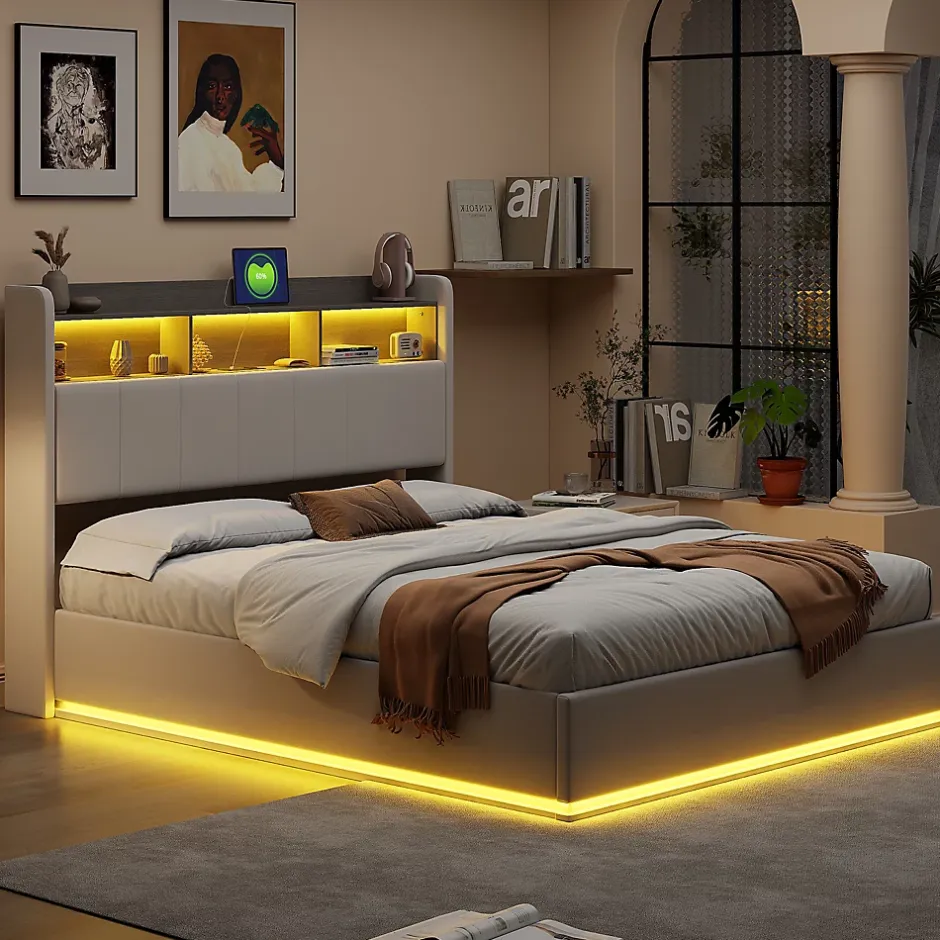 Simple Life lit 140x200cm avec éclairage LED, Lit Coffre avec Sommier à Lattes, Prises, USB et Type-C, Velours Discount