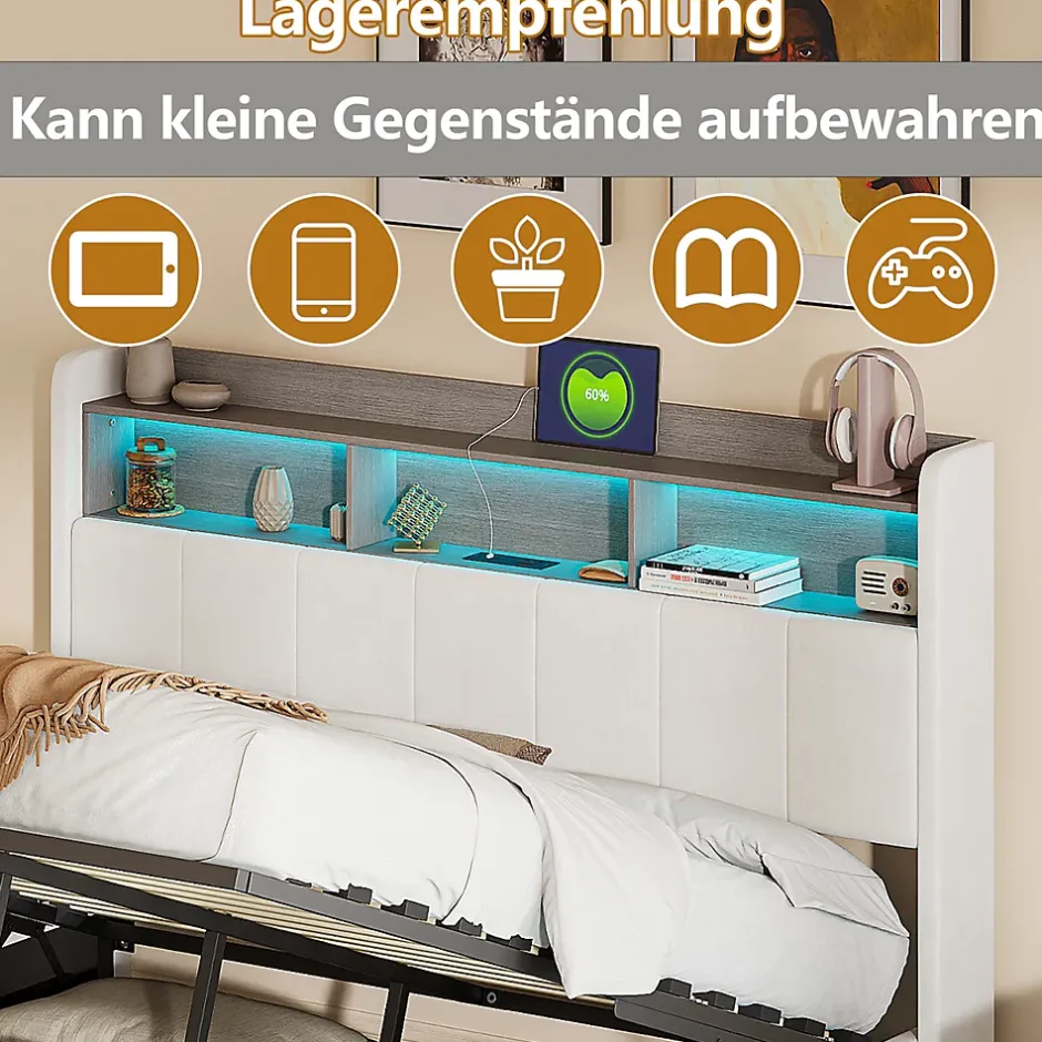 Simple Life lit 160x200cm avec éclairage LED, Lit Coffre avec Sommier à Lattes, Prises, USB et Type-C, Velours Hot