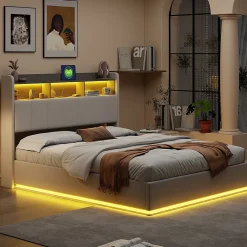 Simple Life lit 160x200cm avec éclairage LED, Lit Coffre avec Sommier à Lattes, Prises, USB et Type-C, Velours Hot