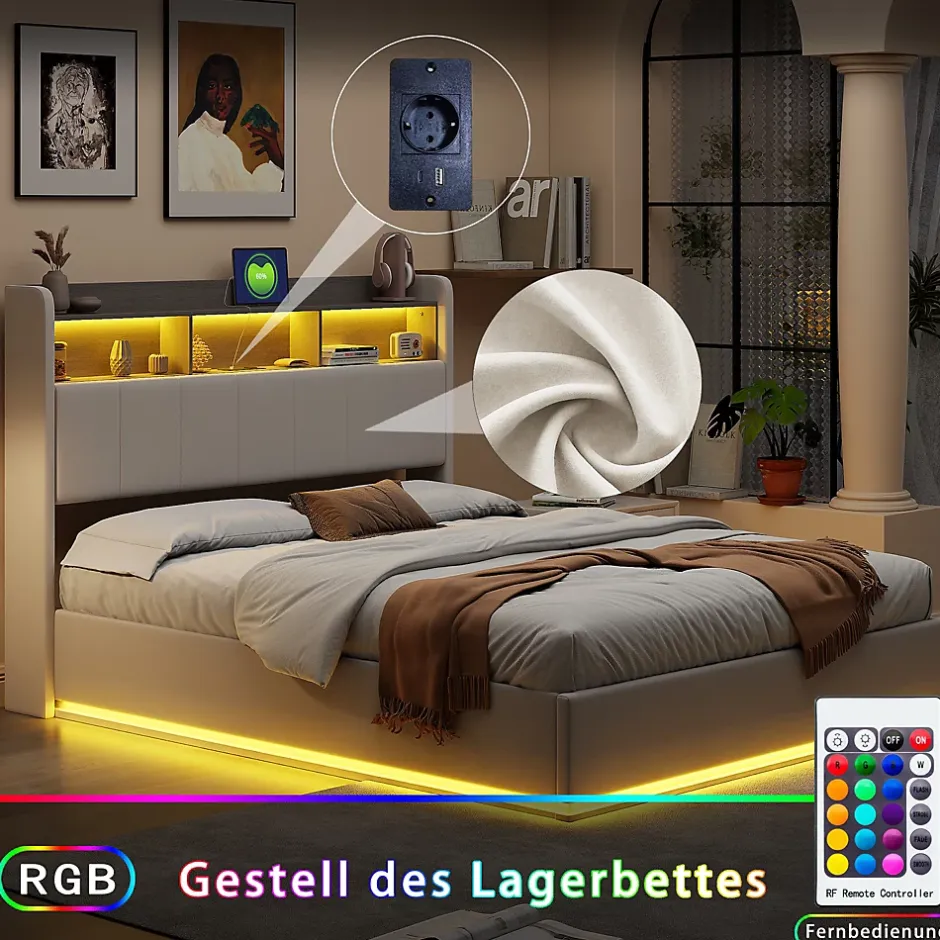 Simple Life lit 160x200cm avec éclairage LED, Lit Coffre avec Sommier à Lattes, Prises, USB et Type-C, Velours Hot