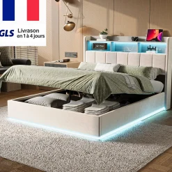 Simple Life lit 160x200cm avec éclairage LED, Lit Coffre avec Sommier à Lattes, Prises, USB et Type-C, Velours Hot