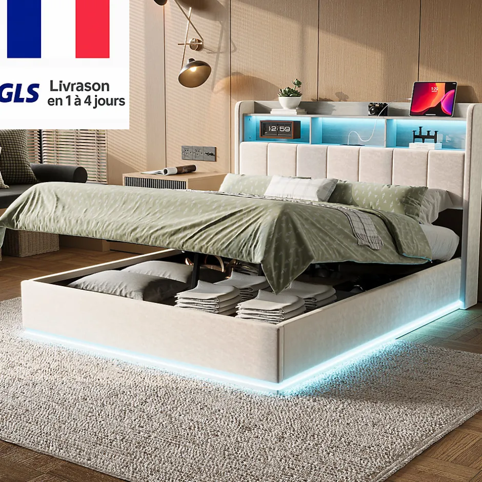 Simple Life lit 160x200cm avec éclairage LED, Lit Coffre avec Sommier à Lattes, Prises, USB et Type-C, Velours Hot