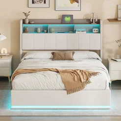 Simple Life lit 160x200cm avec éclairage LED, Lit Coffre avec Sommier à Lattes, Prises, USB et Type-C, Velours Hot