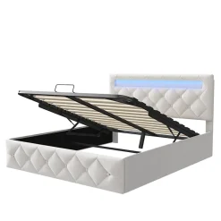 Simple Life Lit 160x200cm avec LED - Sommier à Lattes - Grand Rangement - Beige Best