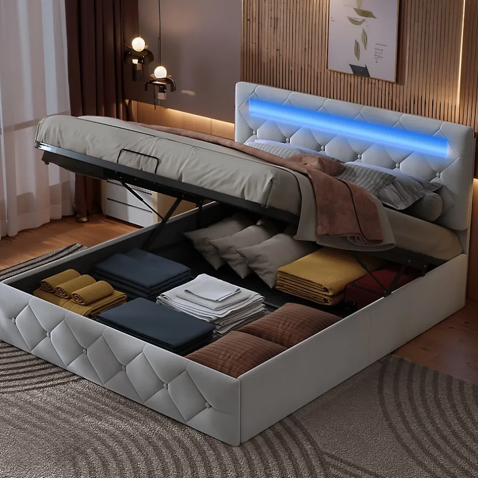 Simple Life Lit 160x200cm avec LED - Sommier à Lattes - Grand Rangement - Beige Best