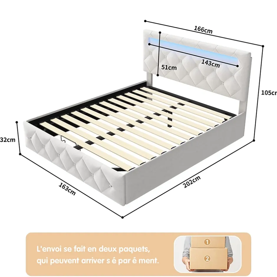 Simple Life Lit 160x200cm avec LED - Sommier à Lattes - Grand Rangement - Beige Best