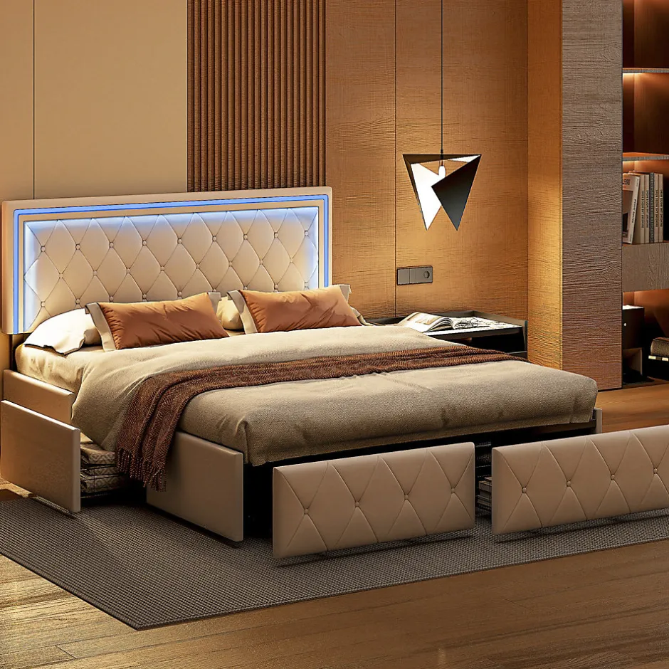 Simple Life Lit 140x200cm avec LED tête de lit relevable, Lit capitonné avec 4 tiroirs et Rangement Lit, Blanc