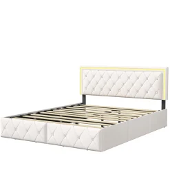 Simple Life Lit 140x200cm avec LED tête de lit relevable, Lit capitonné avec 4 tiroirs et Rangement Lit, Blanc