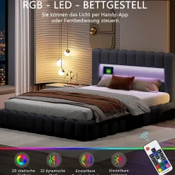 Simple Life Lit 180x200cm avec LED tête de lit, Lit capitonné avec Rangement, Lit Coffre, Lin, Gris
