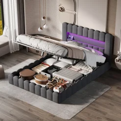 Simple Life Lit 180x200cm avec LED tête de lit, Lit capitonné avec Rangement, Lit Coffre, Lin, Gris