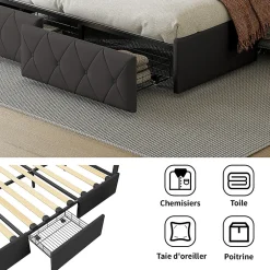 Simple Life Lit 160x200cm Avec LED Tête De Lit Relevable, Lit Capitonné Avec 4 Tiroirs Et Rangement Lit, Gris