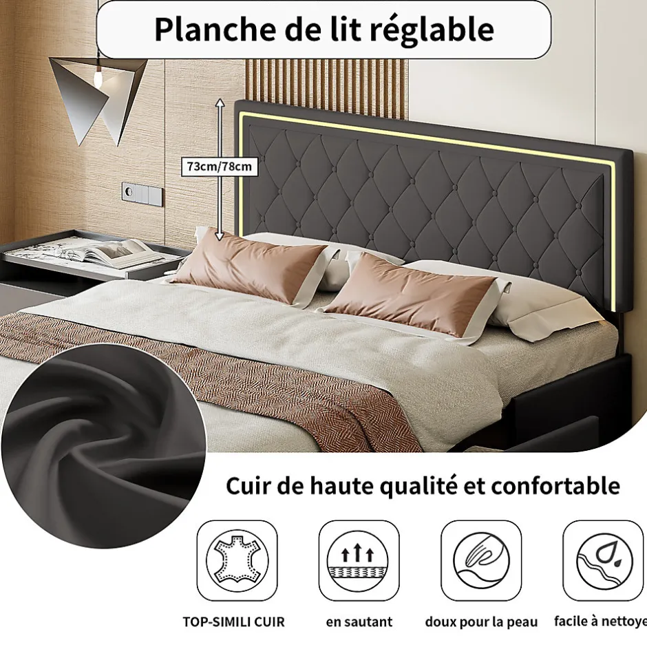 Simple Life Lit 160x200cm Avec LED Tête De Lit Relevable, Lit Capitonné Avec 4 Tiroirs Et Rangement Lit, Gris