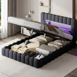 Simple Life Lit 180x200cm avec LED tête de lit, Lit capitonné avec Rangement, Lit Coffre, Lin, Gris Clearance