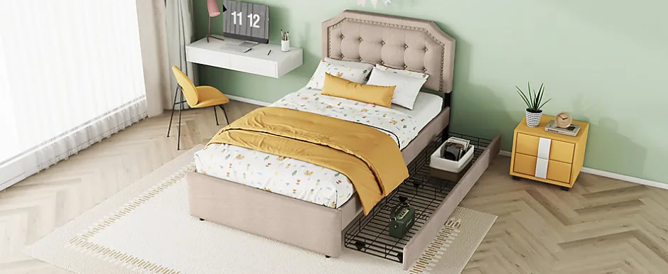 Enfant Fortuna lai Lit 90x200cm, avec tiroirs et clous décoratifs, Beige
