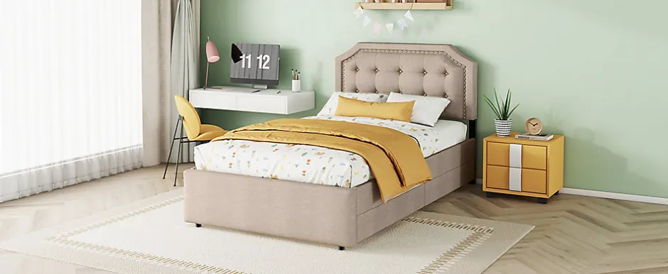 Enfant Fortuna lai Lit 90x200cm, avec tiroirs et clous décoratifs, Beige