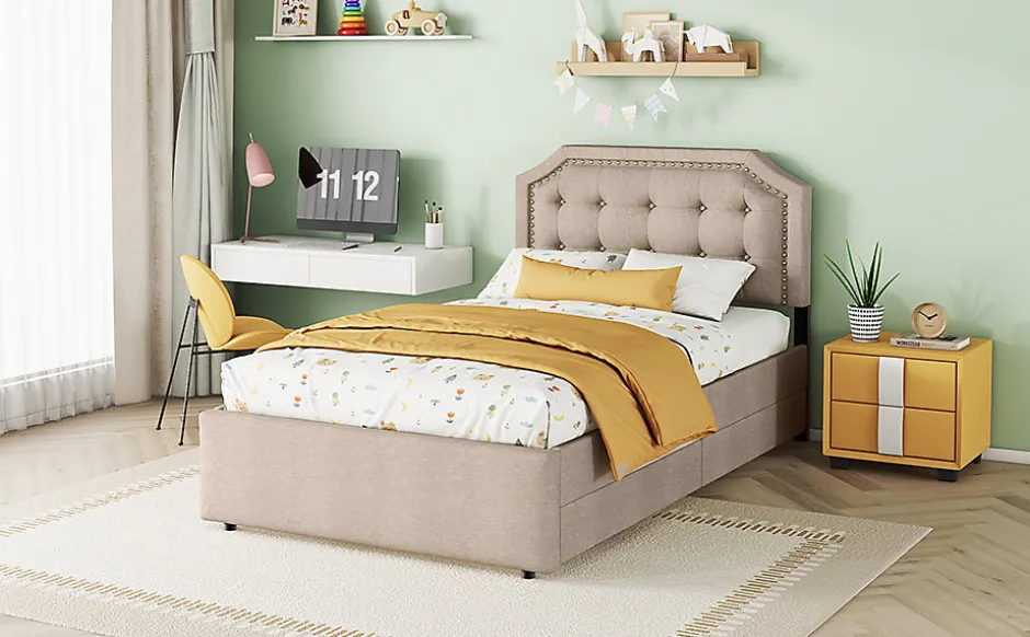 Enfant Fortuna lai Lit 90x200cm, avec tiroirs et clous décoratifs, Beige