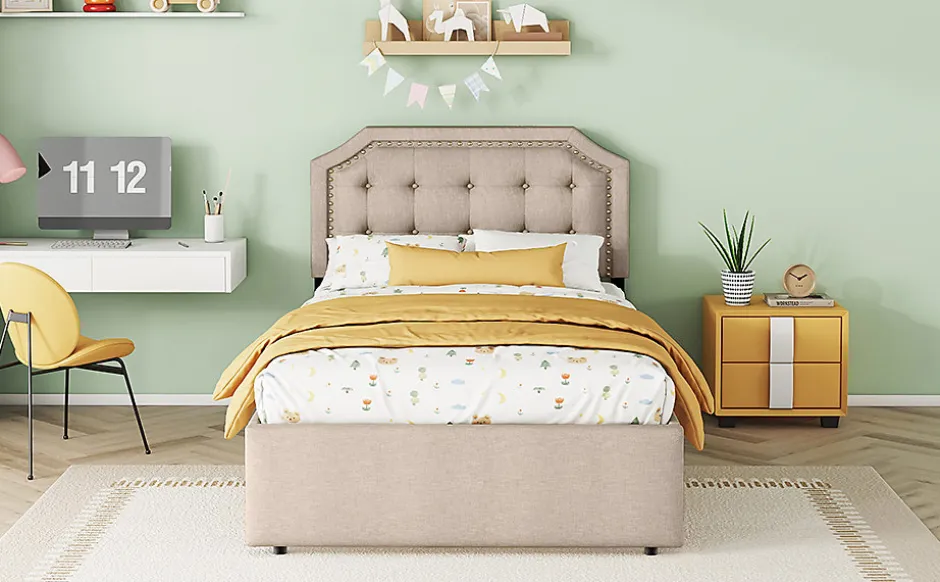 Enfant Fortuna lai Lit 90x200cm, avec tiroirs et clous décoratifs, Beige