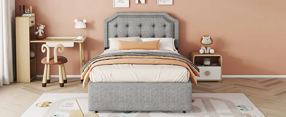 Enfant Fortuna lai Lit 90x200cm, avec tiroirs et clous décoratifs, Gris