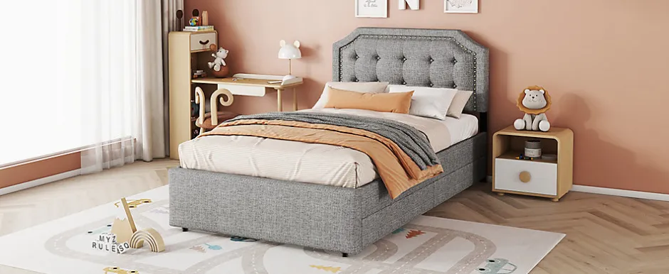 Enfant Fortuna lai Lit 90x200cm, avec tiroirs et clous décoratifs, Gris