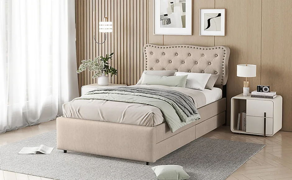Enfant Fortuna lai Lit 90x200cm, avec tiroirs et clous décoratifs, Beige