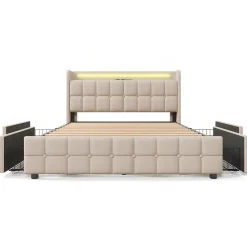 ProximaX Lit 180x200cm avec tiroirs, Lit double capitonné avec rangement, éclairage LED, 2 chargeurs USB, Beige Clearance