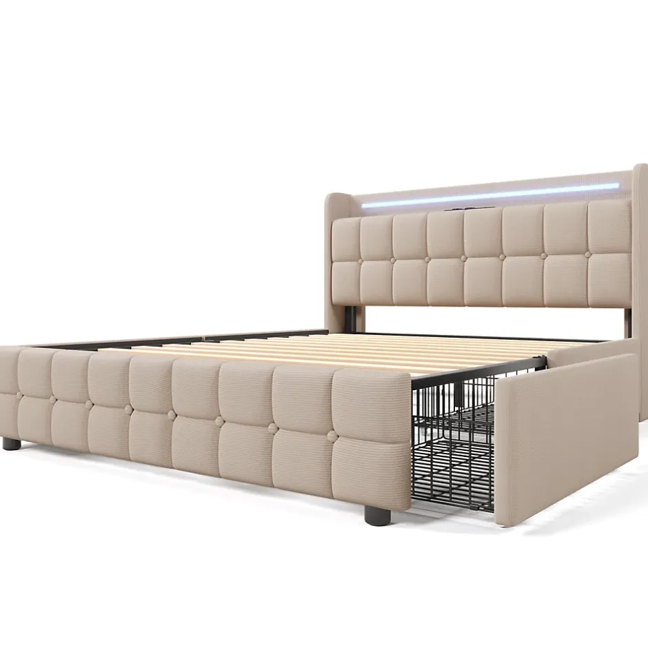 ProximaX Lit 180x200cm avec tiroirs, Lit double capitonné avec rangement, éclairage LED, 2 chargeurs USB, Beige Clearance