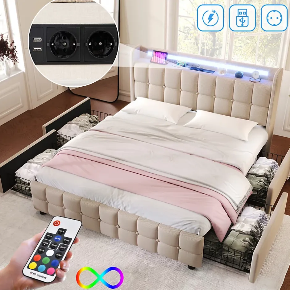 ProximaX Lit 180x200cm avec tiroirs, Lit double capitonné avec rangement, éclairage LED, 2 chargeurs USB, Beige Clearance