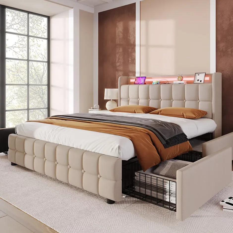 ProximaX Lit 180x200cm avec tiroirs, Lit double capitonné avec rangement, éclairage LED, 2 chargeurs USB, Beige Clearance